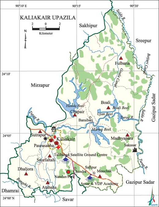 Map of Kaliakair Upazila showing rivers and landmarks